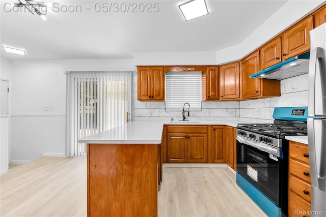 7278 Superior, Center Line, MI 48015 - kitchen with stainless steel appliances, a sink, under cabinet range hood, a peninsula, and light wood-style flooring