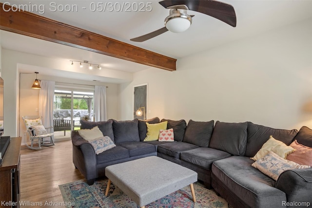 23355 Larkshire St, Farmington Hills, MI 48336 - living area with a ceiling fan, wood finished floors, and beamed ceiling