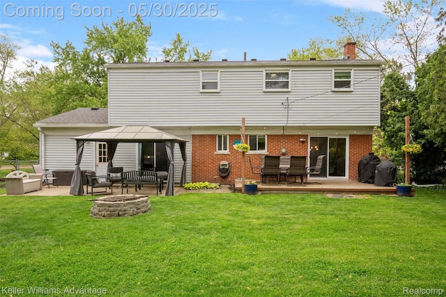 23355 Larkshire St, Farmington Hills, MI 48336 - rear view of house featuring a chimney, a gazebo, a yard, and an outdoor living space with a fire pit