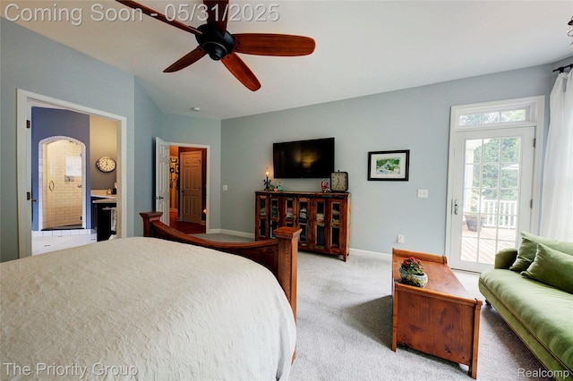 7730 Parkcrest Cir, Clarkston, MI 48348 - bedroom featuring light colored carpet, baseboards, ceiling fan, access to outside, and connected bathroom