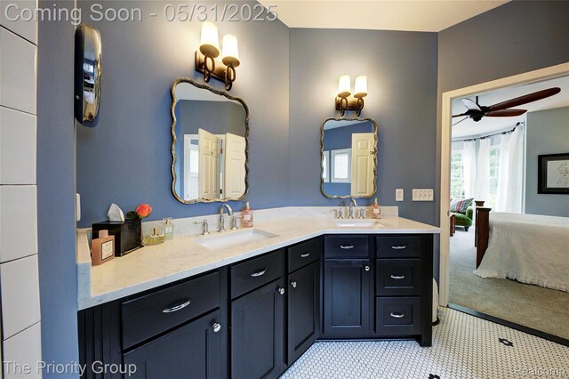 7730 Parkcrest Cir, Clarkston, MI 48348 - full bathroom with connected bathroom, double vanity, and a ceiling fan