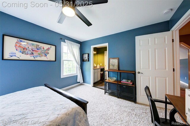 7730 Parkcrest Cir, Clarkston, MI 48348 - carpeted bedroom featuring baseboards, a ceiling fan, and connected bathroom