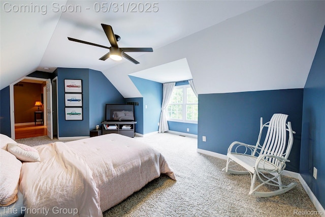 7730 Parkcrest Cir, Clarkston, MI 48348 - bedroom featuring vaulted ceiling, baseboards, carpet floors, and a ceiling fan