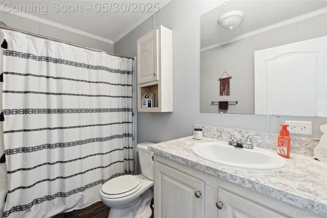 29 Fox Hound Ct, Grand Blanc, MI 48439 - full bathroom with toilet, vanity, crown molding, a shower with shower curtain, and a textured ceiling