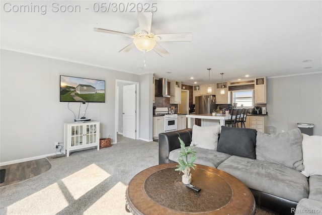 29 Fox Hound Ct, Grand Blanc, MI 48439 - carpeted living area featuring ceiling fan, baseboards, crown molding, and recessed lighting