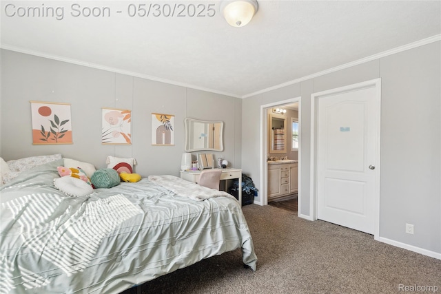 29 Fox Hound Ct, Grand Blanc, MI 48439 - carpeted bedroom with ornamental molding, connected bathroom, and baseboards