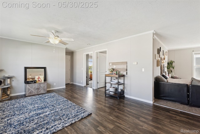 29 Fox Hound Ct, Grand Blanc, MI 48439 - living room with a ceiling fan, wood finished floors, ornamental molding, a textured ceiling, and baseboards