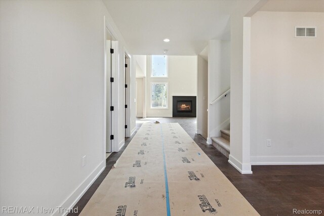 2911 Walsh Dr, Rochester Hills, MI 48309 - hallway featuring stairs, baseboards, dark wood-style flooring, and recessed lighting
