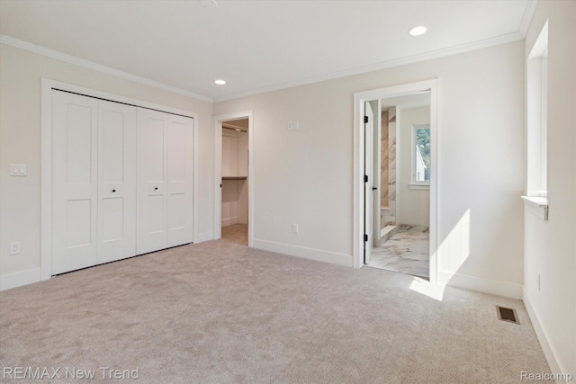 2911 Walsh Dr, Rochester Hills, MI 48309 - unfurnished bedroom with carpet, baseboards, ornamental molding, recessed lighting, and a closet