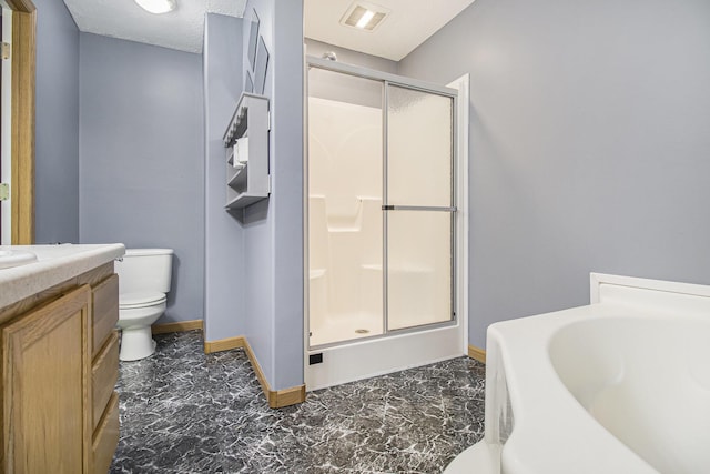 7929 N 48th St, Augusta, MI 49012 - full bathroom with toilet, vanity, a shower stall, and baseboards