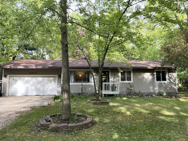 6530 Blue Lake Rd, Twin Lake, MI 49457 - ranch-style home with asphalt driveway, a garage, a front lawn, and a porch