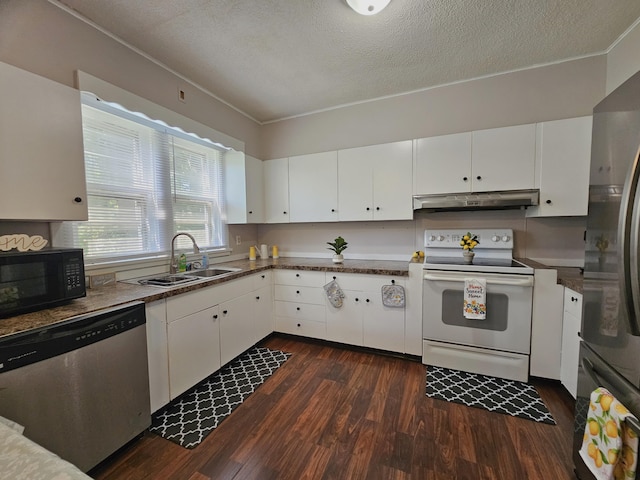 1114 E Michigan Ave, Albion, MI 49224 - kitchen featuring appliances with stainless steel finishes, a sink, under cabinet range hood, dark wood-type flooring, and a textured ceiling