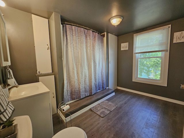 1114 E Michigan Ave, Albion, MI 49224 - bathroom with wood finished floors, baseboards, vanity, toilet, and curtained shower