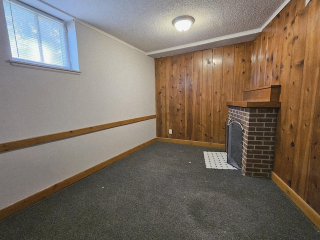 1114 E Michigan Ave, Albion, MI 49224 - unfurnished living room featuring wood walls, a textured ceiling, baseboards, carpet flooring, and a fireplace