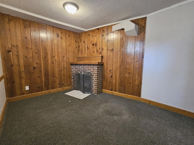 1114 E Michigan Ave, Albion, MI 49224 - unfurnished living room with a textured ceiling, wood walls, a fireplace, carpet floors, and baseboards