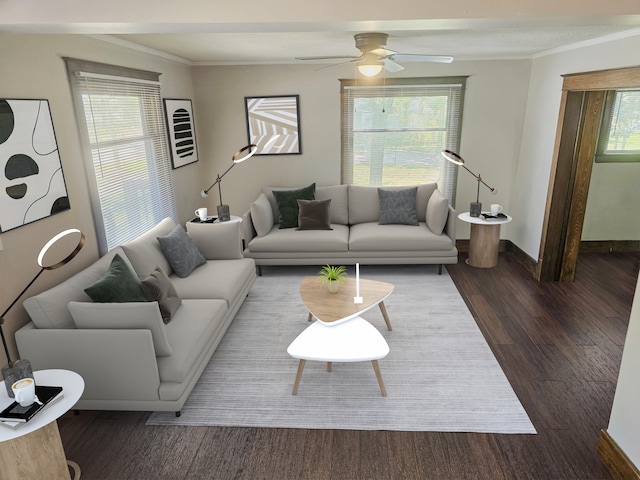 1114 E Michigan Ave, Albion, MI 49224 - living area featuring plenty of natural light, ceiling fan, wood finished floors, crown molding, and baseboards