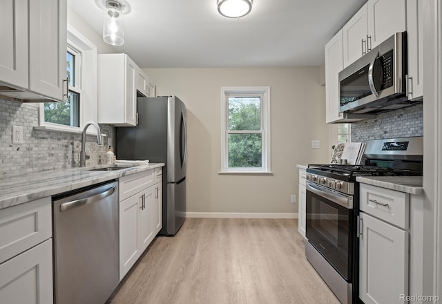 28517 Aberdeen St, Southfield, MI 48076 - kitchen with stainless steel appliances, a sink, decorative backsplash, light wood-style floors, and white cabinets