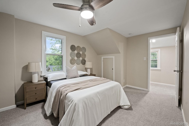 28517 Aberdeen St, Southfield, MI 48076 - bedroom with light colored carpet, baseboards, ceiling fan, and lofted ceiling