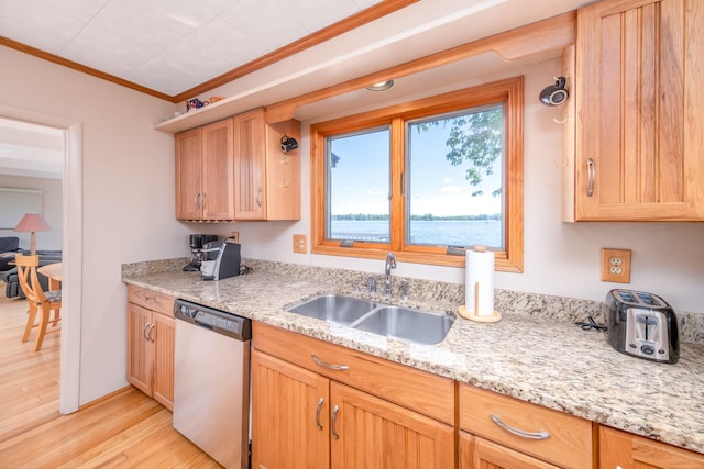 7945 W Royal Rd, Canadian Lakes, MI 49346 - kitchen featuring dishwasher, a sink, ornamental molding, light wood finished floors, and light stone counters