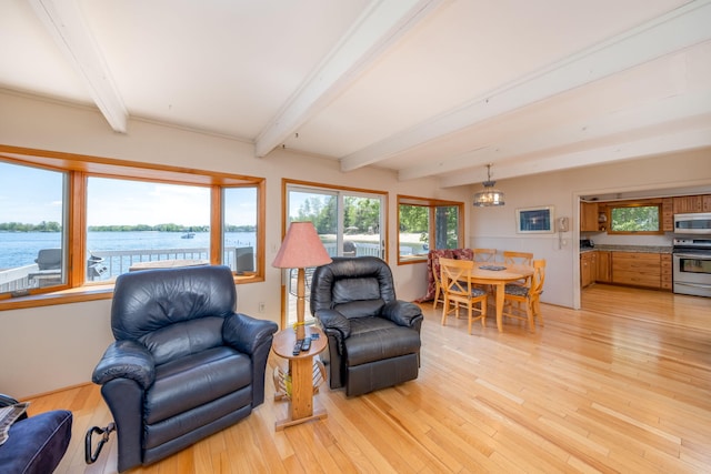 7945 W Royal Rd, Canadian Lakes, MI 49346 - living room featuring beamed ceiling, plenty of natural light, light wood-style floors, a water view, and a chandelier