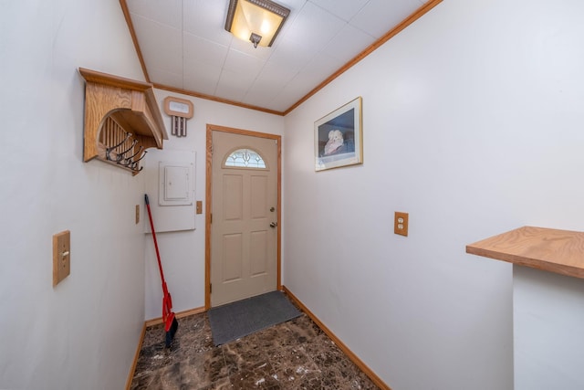 7945 W Royal Rd, Canadian Lakes, MI 49346 - doorway featuring crown molding and baseboards