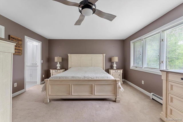 10161 N Loma Cir, Grosse Ile, MI 48138 - bedroom featuring a baseboard radiator, light carpet, baseboards, connected bathroom, and ceiling fan