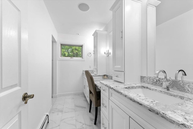 10161 N Loma Cir, Grosse Ile, MI 48138 - bathroom featuring vanity, marble finish floors, baseboards, and a baseboard heating unit