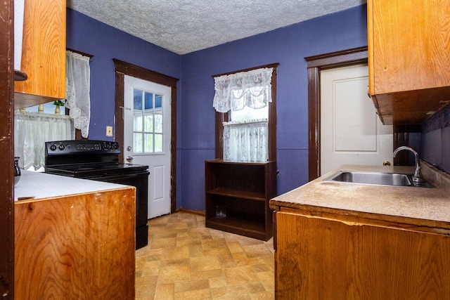 323 Northbound Gratiot Ave, Mount Clemens, MI 48043 - kitchen featuring black range with electric cooktop, a sink, brown cabinets, light countertops, and stone finish floors