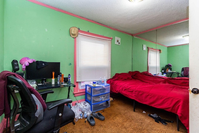 323 Northbound Gratiot Ave, Mount Clemens, MI 48043 - bedroom featuring crown molding, a textured ceiling, carpet, and an office area