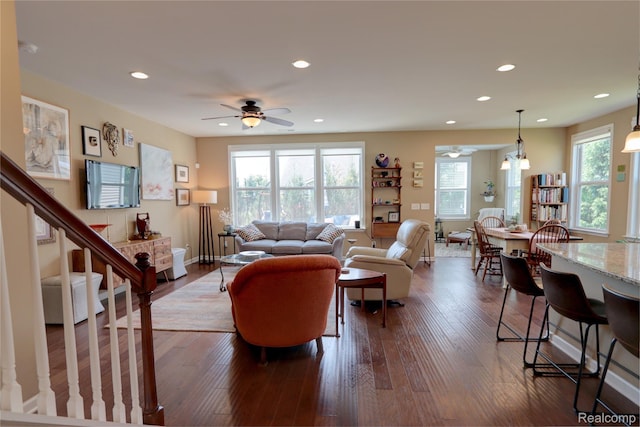 23971 Manistee Ln, Flat Rock, MI 48134 - living room with ceiling fan, recessed lighting, healthy amount of natural light, and dark wood-type flooring