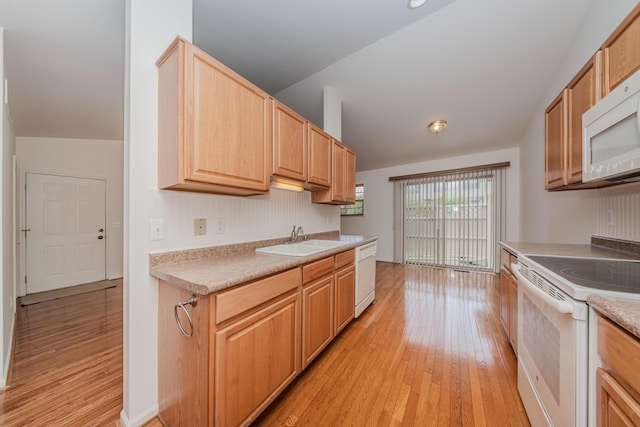 128 Commons Cir, Saline, MI 48176 - kitchen with white appliances, light wood-type flooring, light brown cabinets, a sink, and light countertops