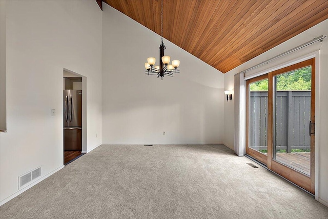 2 Eastbury Ct, Ann Arbor, MI 48105 - empty room featuring carpet flooring, wooden ceiling, a chandelier, and high vaulted ceiling