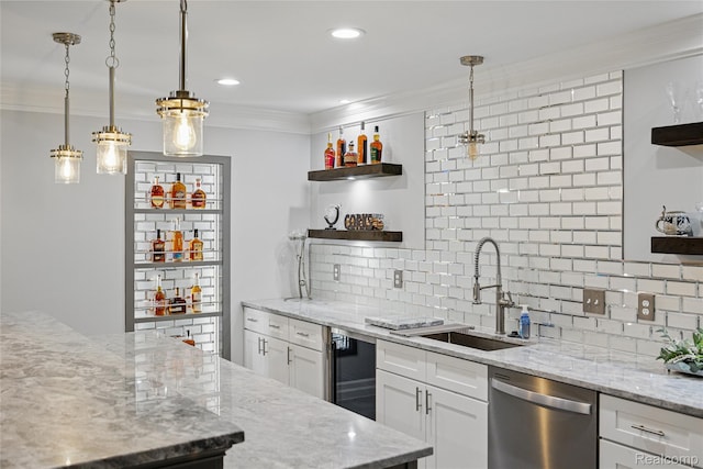 22638 Brantingham Rd, Macomb, MI 48044 - kitchen with open shelves, stainless steel dishwasher, ornamental molding, a sink, and wine cooler