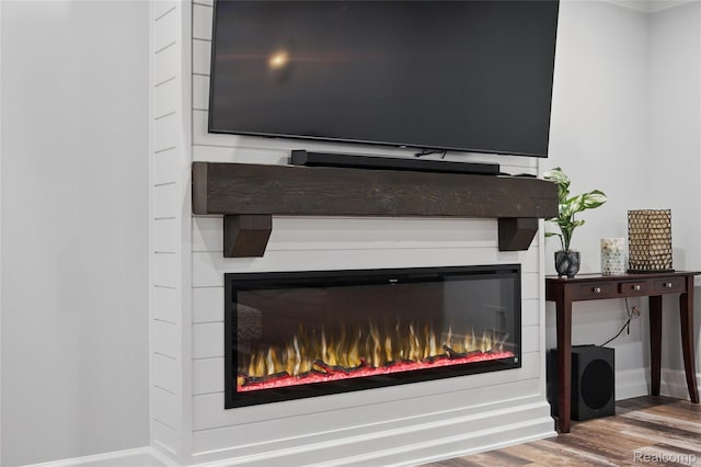 22638 Brantingham Rd, Macomb, MI 48044 - detailed view of a glass covered fireplace, wood finished floors, and baseboards
