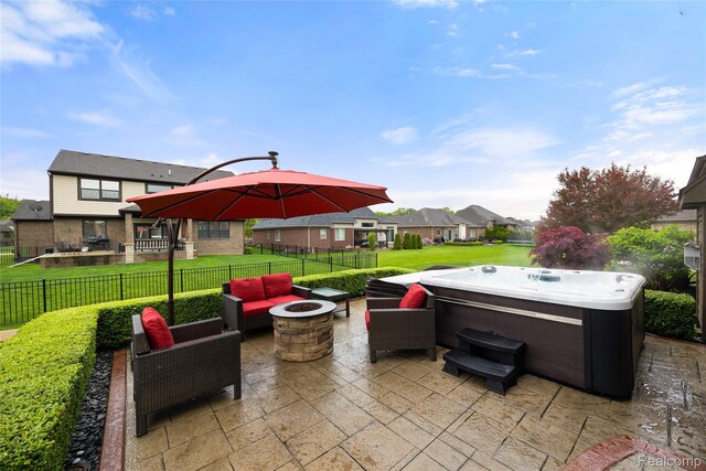 22638 Brantingham Rd, Macomb, MI 48044 - view of patio / terrace featuring a hot tub, a residential view, and an outdoor living space with a fire pit