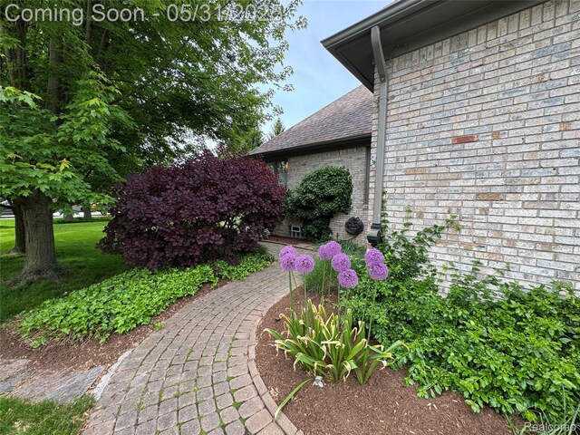 7348 William Dr, Shelby Twp, MI 48316 - view of exterior entry featuring roof with shingles and brick siding
