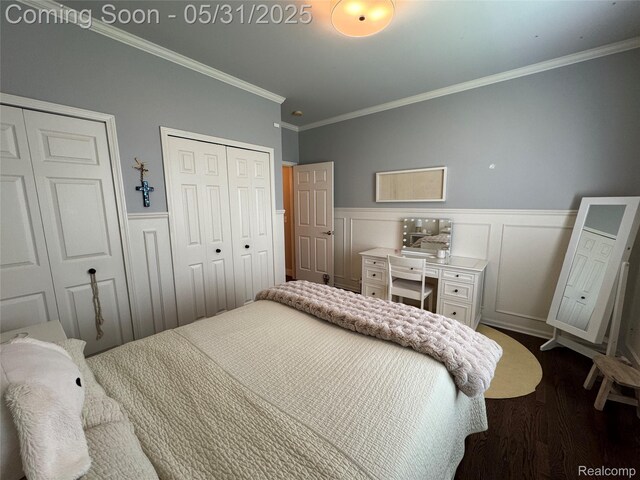 7348 William Dr, Shelby Twp, MI 48316 - bedroom featuring two closets, ornamental molding, wainscoting, and dark wood-type flooring