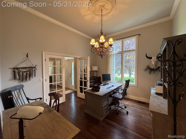 7348 William Dr, Shelby Twp, MI 48316 - office area with french doors, dark wood-style floors, ornamental molding, baseboards, and a chandelier