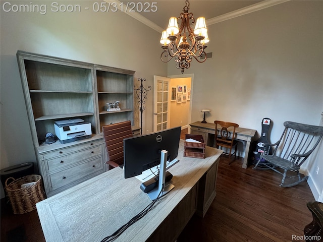7348 William Dr, Shelby Twp, MI 48316 - office area with crown molding, a chandelier, dark wood-type flooring, and baseboards