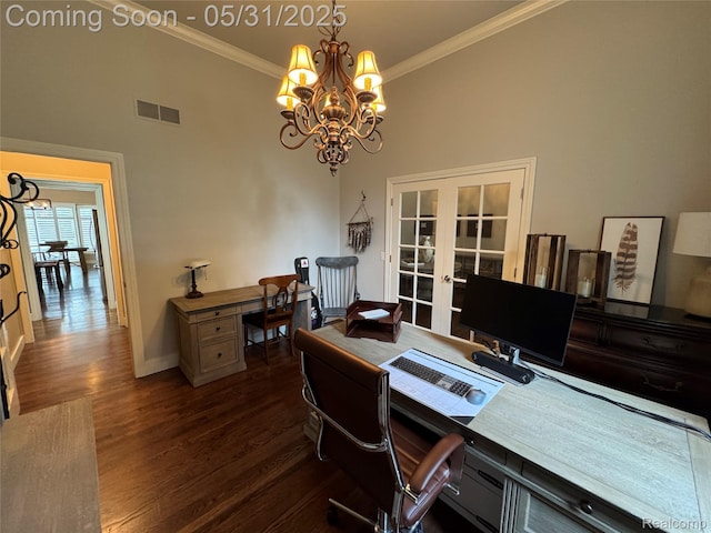 7348 William Dr, Shelby Twp, MI 48316 - office space with a chandelier, french doors, crown molding, dark wood-type flooring, and baseboards
