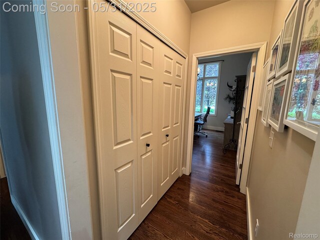 7348 William Dr, Shelby Twp, MI 48316 - hallway featuring dark wood-style floors and baseboards