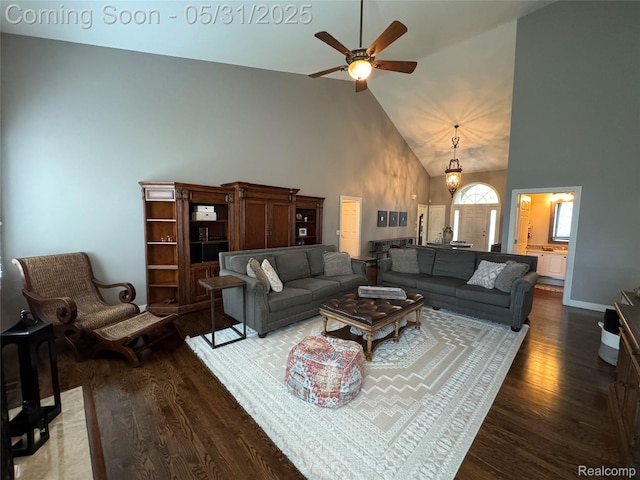 7348 William Dr, Shelby Twp, MI 48316 - living room featuring high vaulted ceiling, wood finished floors, and ceiling fan