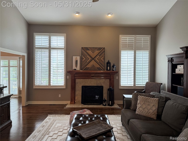 7348 William Dr, Shelby Twp, MI 48316 - living area featuring plenty of natural light, a tile fireplace, baseboards, and dark wood-style floors