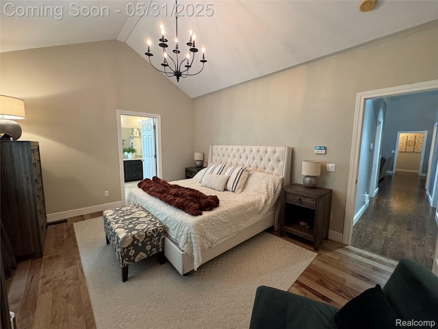 7348 William Dr, Shelby Twp, MI 48316 - bedroom featuring a chandelier, wood finished floors, high vaulted ceiling, and baseboards
