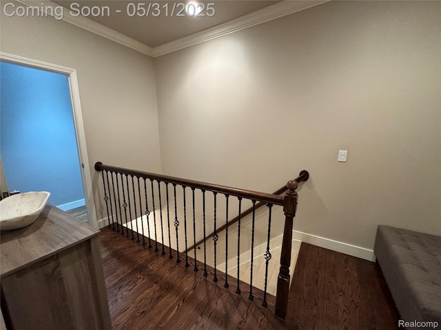 7348 William Dr, Shelby Twp, MI 48316 - stairs featuring baseboards, wood finished floors, and ornamental molding