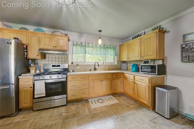 2470 E Highland Rd, Howell, MI 48843 - kitchen featuring appliances with stainless steel finishes, a sink, crown molding, under cabinet range hood, and light countertops