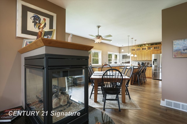 12751 Wilkinson Rd, Freeland, MI 48623 - dining room featuring dark wood-style flooring, a ceiling fan, baseboards, and recessed lighting