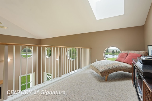 12751 Wilkinson Rd, Freeland, MI 48623 - bedroom with lofted ceiling, carpet, a water view, and a skylight