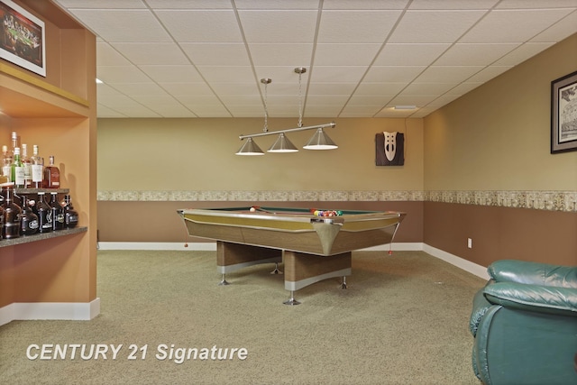 12751 Wilkinson Rd, Freeland, MI 48623 - game room with carpet flooring, baseboards, billiards table, and a paneled ceiling