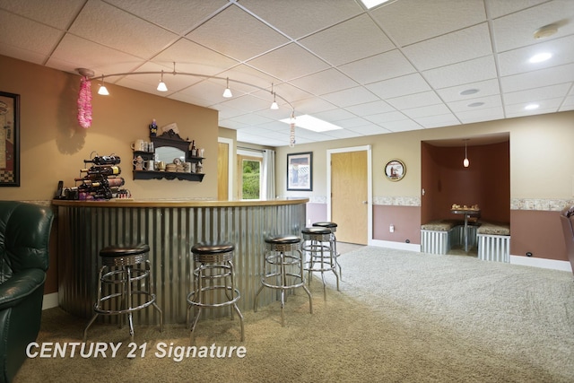 12751 Wilkinson Rd, Freeland, MI 48623 - indoor dry bar featuring carpet floors, baseboards, track lighting, and a paneled ceiling